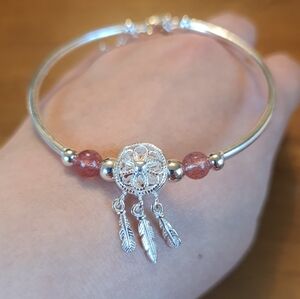 Solid Sterling Silver Dream Catcher Bead and Natural Strawberry Quartz Bangle
